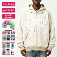 Sudadera con capucha y cremallera completa para hombre, 100% algodón, 480 g/m², lavada y desgastada, con estampado DTG, corte regular, cuello redondo y puños acanalados.