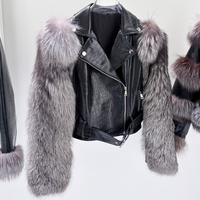 Veste Courte Noire en Fourrure Atelier, Manches en Fourrure de Renard Argenté Gaufré Croco, Vestes pour Femmes pour l'Équitation