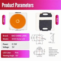 LED SMD 3030 rouge rose à lentille dôme 0,5W, encapsulée, angle de vision de 120 degrés, perle de lampe fluorescente
