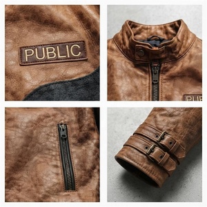 Veste de moto pour homme en cuir PU style motard avec broderie personnalisée OEM, col montant, fermeture éclair, patchwork, automne, coupe classique - Product Image 2