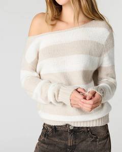 Pull décontracté rayé tricoté à la main, respirant, style coréen, épaules dénudées, pour l'hiver - Product Image 2