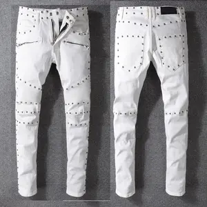 กางเกงยีนส์รัดรูปสำหรับผู้ชาย,กางเกงยีนส์รัดรูปผ้ายืดสีขาวยืดหยุ่นทรงสลิมขนาด29-42สไตล์ฝรั่งเศส #1062 #