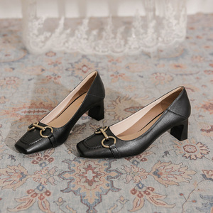 Zapatos de Tacón Alto para Mujer, de Cuero Genuino, con Punta Cuadrada, Decoración de Hebilla, Tacón Cuadrado, Estilo Mary Jane - Product Image 1