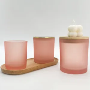 Luxe 7Oz 10Oz 14Oz Roze Matglazen Kaarscontainer In Bulk Kandelaar Met Bamboe Deksel Voor Het Maken Van Kaarsen