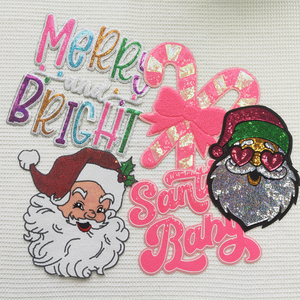 Giáng sinh vui vẻ kẹo mía lớn chenilles sequin thêu Santa bé chữ sắt trên miếng vá cho quần áo Áo sơ mi - Product Image 1