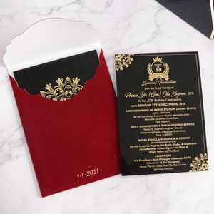 Carta di invito a nozze in acrilico nero unico con busta di velluto bordeaux sventata oro per evento di invito a nozze - Product Image 3
