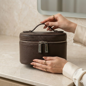 Coffee Litchi Pattern PU Leather <b>Makeup</b> Bag Cylindrical Travel Toiletry <b>Case</b> Large Capacity Vanity Organizer Cosmetic Box Handle - Product Image 6