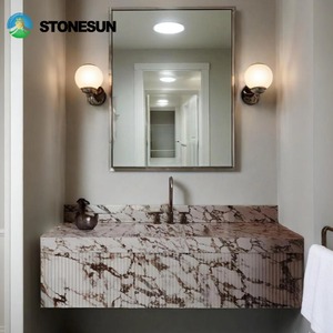 StoneSun Calacatta Viola natuursteen marmeren spoelbak met wastafelonderstel van massief hout voor luxe badkamerprojecten - Product Image 2