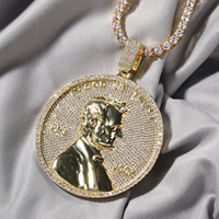 Pendentif Médaillon Abraham Lincoln Glacé avec Zircon 5A, Chaîne à Maillons Unisexe en Argent, Tendance, Meilleure Vente, Promotion, Pendentif Hip Hop Bling