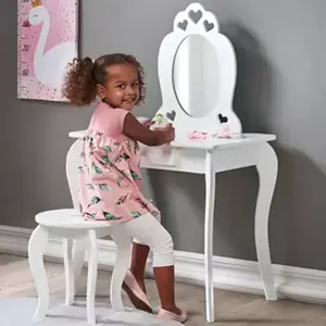 Kids Vanity Set with Mirror Children Dressing Table and Stool Set for Girls Makeup Vanities Wooden Dressing Table Baby Furniture