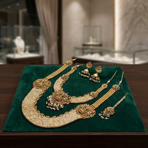 Collares combinados chapados en acabado mate estilo antiguo, Conjunto de joyería nupcial largo, Conjunto de joyería tradicional india de estilo antiguo, Joyería con diseños de templos. - Product Image 2