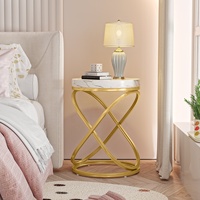 Tribesigns Mobilier de Salon Luxe Moderne Bois Blanc et Or Table de Chevet Plateau Faux Marbre Table Basse Ronde