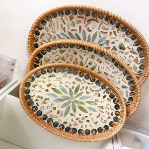 Panier de fruits assiette de fruits en rotin, <span class=keywords><strong>plateau</strong></span> de coquille ovale tissé à la main ménage salon Snack plateaux de rangement de bureau - Product Image 1