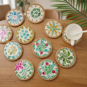 Sous-verres bohèmes en rotin, tapis de table ronds tissés en coquillages, réutilisables, écologiques, faits à la main, anti-brûlure - Product Image 2
