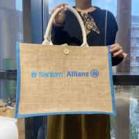 Sacs en jute bleus personnalisés en gros pour femmes – Sacs de courses modernes à poignées, robustes, grande taille, imprimés en sérigraphie avec lettres personnalisées