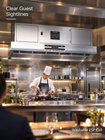Hotte de cuisine ESP compatible avec les espaces ouverts, avec cellule lavable, pour postes de cuisson d'hôtel