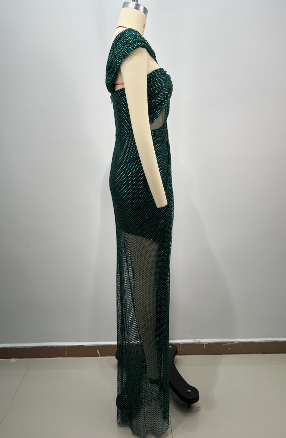 ED2760 Luxury Green Sexy See Through Dress Slim Fit Mesh Beaded High Slit  Maxi Dress Party Evening Gowns| Alibaba.com