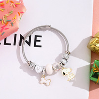 Bracelet ouvert réglable en acier inoxydable plaqué PVD, anti-allergie, étanche, avec motif Snoopy mignon en cristal, pour femmes, B156T