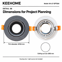 KEEHOME Boîtier de spot encastré réglable en aluminium noir sablé et blanc, garniture 105 mm, découpe 90 mm pour projets hôteliers