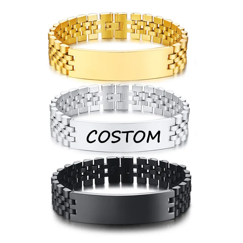 Bracciale da uomo personalizzato con Logo inciso bracciale in argento nero placcato in oro gioielli robusti braccialetti da Bar vuoti gioielli impermeabili