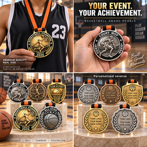 เหรียญรางวัลบาสเกตบอลแบบกำหนดเอง พร้อมดีไซน์ MVP นักกีฬาที่ทำดังกับการดังก์ และออลสตาร์ สำหรับรางวัลในการแข่งขัน พร้อมริบบิ้นพิมพ์ลาย - Product Image 3
