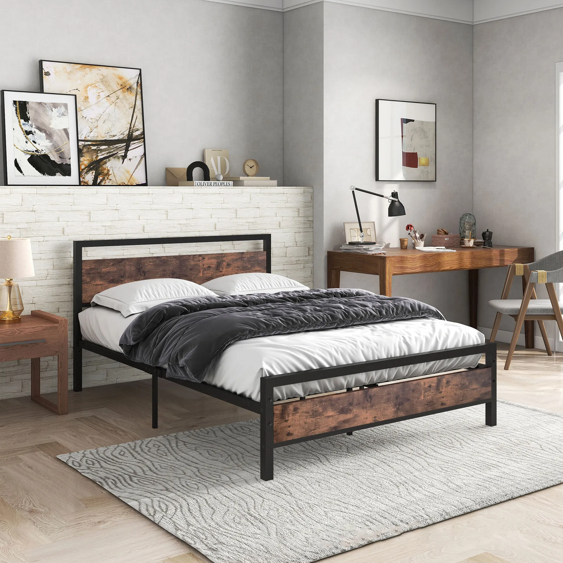 アパートメタルシングルベッド簡単設置メタルベッドフレーム一般的な大人の木製スラット家具ベッドフレーム