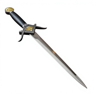 มีดสแตนเลสพร้อมด้ามหนังและปลอกมีดฝังทองสำหรับตั้งโชว์และสะสม - Product Image 1