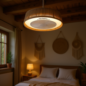 Ventilador de Techo LED de 21 Pulgadas con Luz, Estilo Bohemio, Madera Trenzada, Control Remoto, Temperatura de Color Ajustable, Montaje Empotrado para Dormitorio - Product Image 2