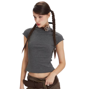 Top Corto de Cuello Alto Gris para Mujer, Manga Corta, Ajustado, de Punto, Algodón, Estilo Minimalista para Primavera/Verano - Product Image 1