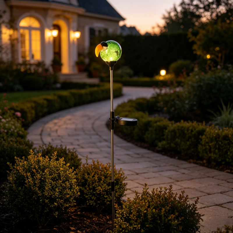 Custom Logo Solar Garden Lights Outdoor Waterproof LED Toucan Glass Globe Stake Lamp for Yard Patio Lawn Landscape Decoration