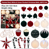 Ensemble d'ornements de Noël peints et floqués, décorations de sapin de Noël, boules avec motifs étoiles et cannes en sucre rayées pour Noël
