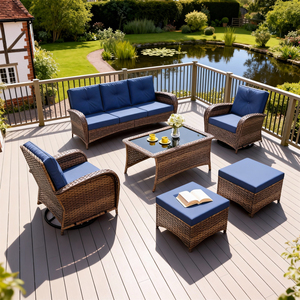 Conjunto de Sofá de Exterior de 6 Piezas con Otomana, Mesa de Centro de Vidrio, Colores Personalizables, Resistente a la Intemperie para Balcón, Múltiples Estilos Opcionales - Product Image 2