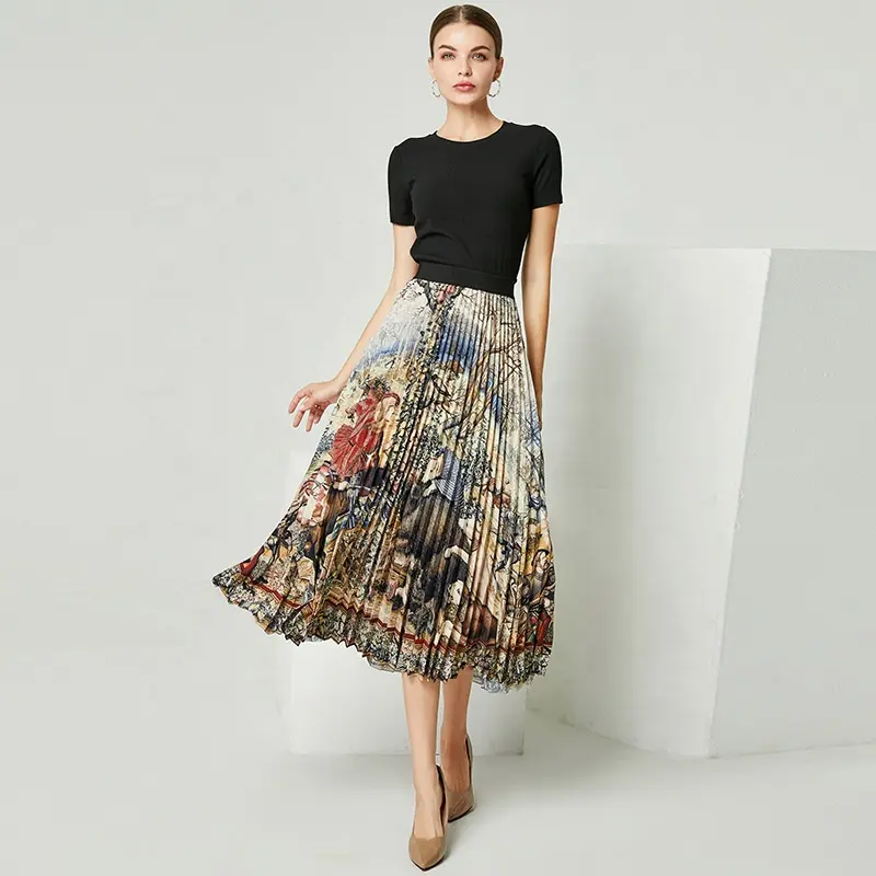 High Quality European printing Summer New Fashion High waist Pleated Midi Long Elegant Skirts Casual A line Skirts