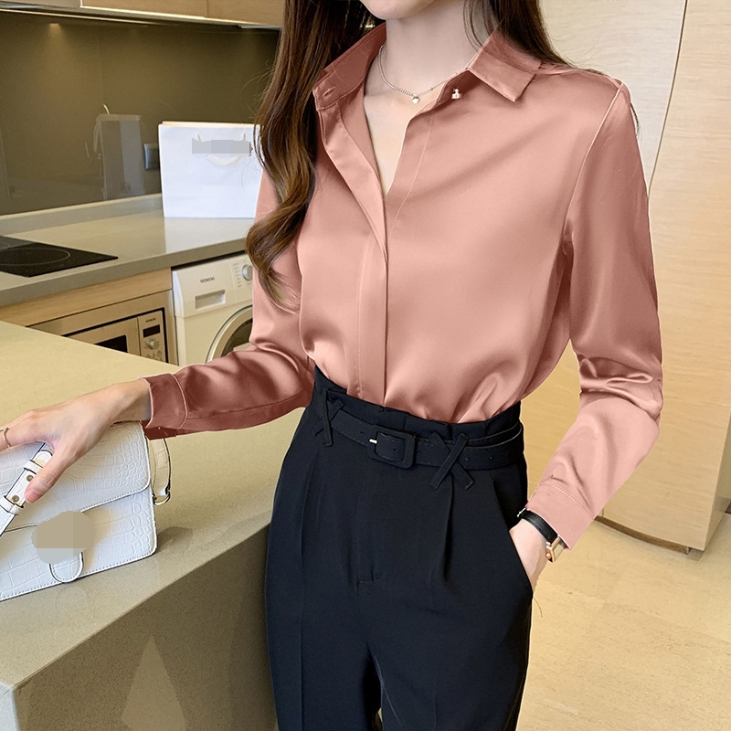 2022 Groothandel Vrouwen Satin Revers Lange Mouwen Office Trui Effen Kleur Shirts Elegante Tops Casual Dames Formele Casual Shirt