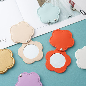 Flower Shaped Mini Pocket Makeup Mirror Rotating Compact Mirrors Wholesale PU Leather Mirror for Promotional