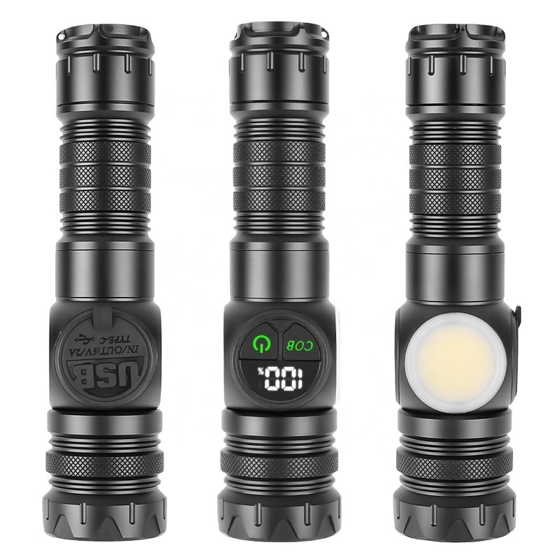 Super Bright Flashlight 30W LED Side COB Floodlight USB Zoomable 5000 Lumens Strong Magnet Numerical Power Display Flash Light