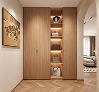 Système de dressing moderne sur mesure en bois, armoire intégrée avec coiffeuse et éclairage LED