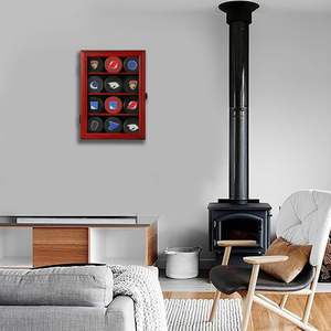 Vitrine murale Mstrse pour rondelle de hockey en <span class=keywords><strong>bois</strong></span> <span class=keywords><strong>massif</strong></span> avec verre véritable, cadre rouge, finition acajou - Product Image 1