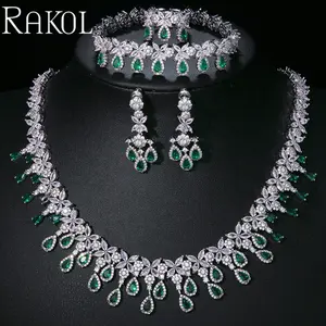 RAKOL ZPS175 Dubai Emerald Zircon Waterdrop Charm Necklace Sterling Silver 925 Earring Wedding Party Gift Jewelry Set For Women