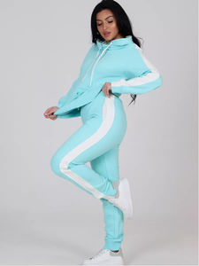 Của phụ nữ ánh sáng màu ngọc lam khối Tracksuit đặt trùm đầu dây rút áo & side sọc Jogger quần 2 mảnh trang phục giản dị - Product Image 2