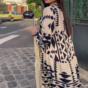 Vestido estampado <span class=keywords><strong>de</strong></span> manga larga para <span class=keywords><strong>mujer</strong></span>, falda larga <span class=keywords><strong>de</strong></span> cintura alta <span class=keywords><strong>de</strong></span> manga larga con un solo pecho, nuevas vacaciones, ropa informal holgada para <span class=keywords><strong>mujer</strong></span> - Product Image 3