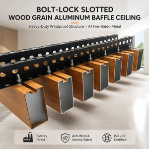 ฝ้าเพดานอะลูมิเนียมลายไม้แบบ Bolt-Lock ทนไฟระดับ A1 พร้อมแผ่นโลหะ - Product Image 1