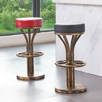 Tabouret de bar rond en or antique, sans dossier, rembourré, avec repose-pieds en anneau et base ronde, pour bar à domicile ou café
