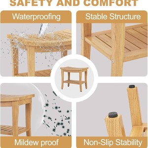 Tabouret de douche en teck, bois massif avec étagère de rangement, imperméable, antidérapant, utilisation intérieure et extérieure - Product Image 3
