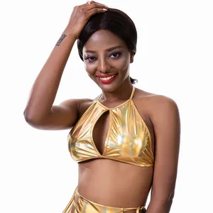 Crop top holographique de plage d'été, brillant, sexy, style licou, à découpes, dos nu à lacets, débardeur métallique laser, vêtement de festival - Product Image 4