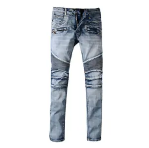 Jeans biru sobek untuk pria, celana Denim Hip Hop pas badan, celana Jeans ritsleting sepeda motor kualitas tinggi