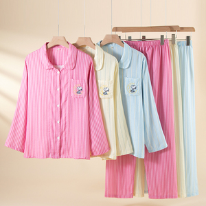 Ensemble de <span class=keywords><strong>pyjama</strong></span> rayé en coton pour femmes, manches longues, boutons, broderie <span class=keywords><strong>Snoopy</strong></span>, vêtements de nuit doux et confortables - Product Image 5