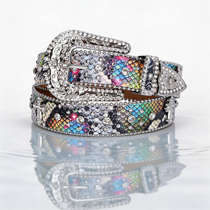 Cinturón de Cuero Estilo Western Personalizado con Hebilla de Diamantes de Imitación, Estampado Animal, Estilo Casual, Tono Plateado, Diseño Duradero - Product Image 2