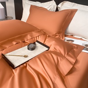 ODM/OEM Rắn Màu Ai Cập Bông Quilt Bìa Cao Cấp Màu Cam Tấm Ga Giường 4 Mảnh Dệt Nhà Bộ Đồ Giường Bộ - Product Image 3