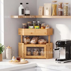Caja de pan de bambú de 2 niveles, estante de almacenamiento esquinero con cajón para organizar alimentos en la cocina, color madera natural - Product Image 4